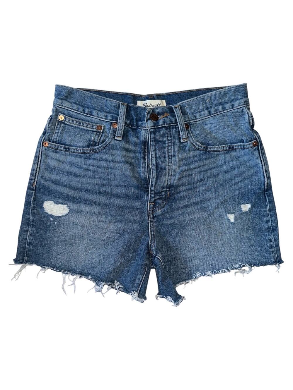 Madewell The Dad Jean Short Women's W24 Blue Denim Distressed Raw Hem High Rise